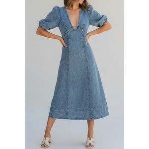 ZOCO. Sara Beth Puff Sleeves Denim Midi Dress, Blue, XL